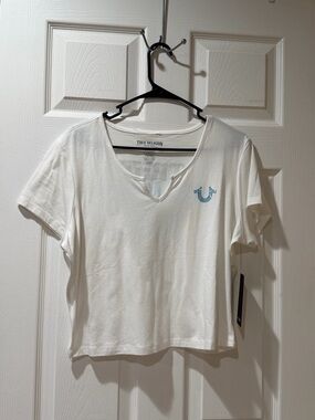 True Religion White V-Neck Short Sleeve Tee with Blue Logo